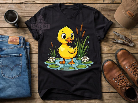 Cartoon Duckling Pond T-Shirt PNG, Cartoon Duckling, Pond Style, Playful Vibes, Nature Fashion, Sublimation PNG, Statement Shirt, Cute Apparel Sublimation SvggirlplusArt 