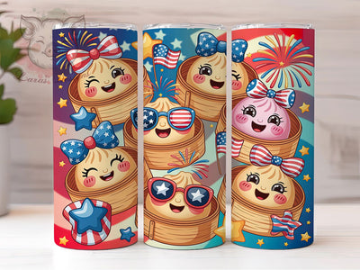 Cartoon Dumplings Patriotic Fun 20oz Tumbler, Patriotic Theme, Bamboo Steamer, Food Illustration, Cute Design, 20oz Tumbler Wrap, Sublimation PNG Sublimation Lara' s Designs 