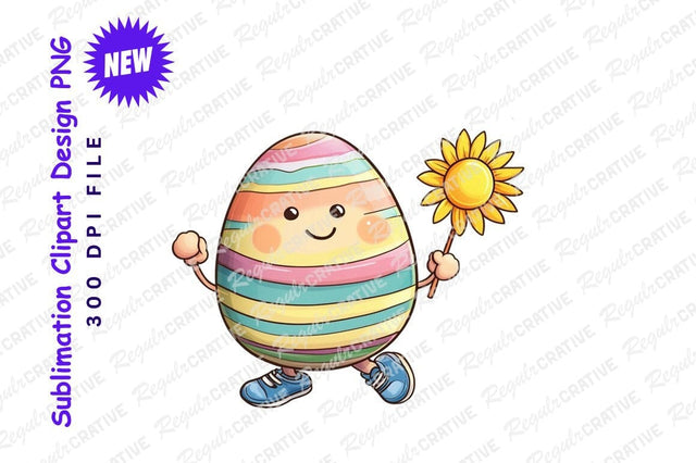 Cartoon easter egg holding sunflower clipart png Sublimation Regulrcrative 