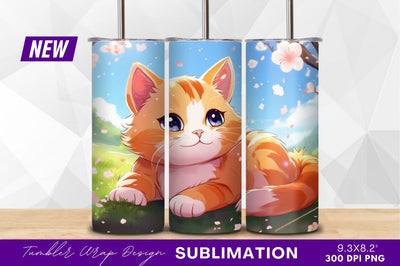 Cartoon ginger cat with cherry blossoms tumbler png Sublimation Regulrcrative 