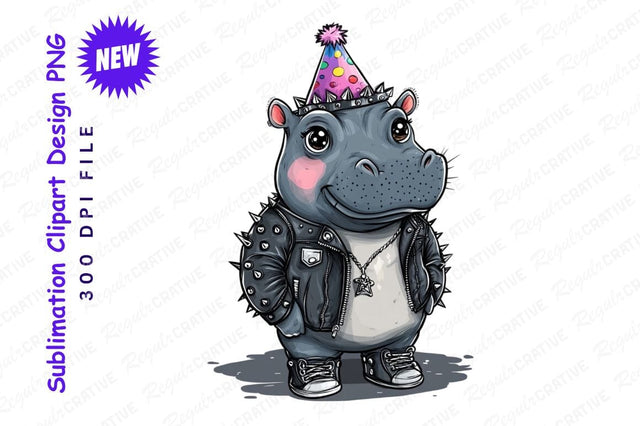 Cartoon Hippo Wearing Birthday Hat Clipart Png Sublimation Regulrcrative 