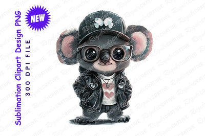 Cartoon koala character in leather jacket clipart png Sublimation Regulrcrative 