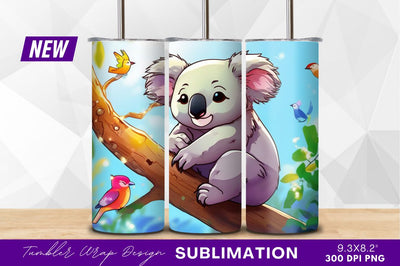 Cartoon koala with birds on branch tumbler png Sublimation Regulrcrative 