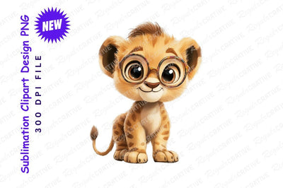 Cartoon lion cub wearing glasses clipart png Sublimation Regulrcrative 