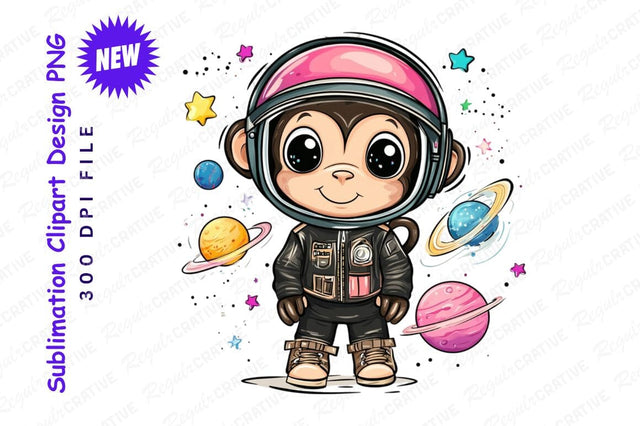 Cartoon Monkey Astronaut With Planets Clipart Png Sublimation Regulrcrative 