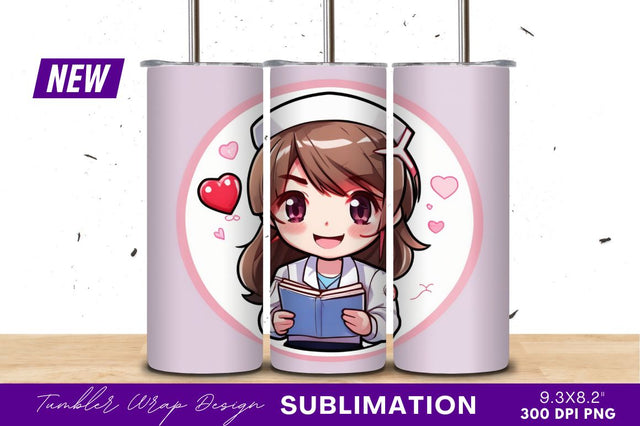 Cartoon nurse reading book with hearts tumbler png Sublimation Regulrcrative 