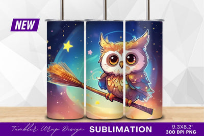 Cartoon owl flying on broomstick tumbler png Sublimation Regulrcrative 