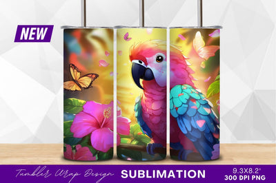 Cartoon parrot with hibiscus flowers and butterflies Sublimation Regulrcrative 