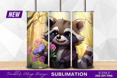 Cartoon raccoon holds flowers in a forest Sublimation Regulrcrative 