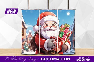 Cartoon santa delivering presents in snowy town Sublimation Regulrcrative 