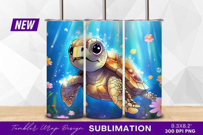 Cartoon sea turtle underwater with flowers Sublimation Regulrcrative 