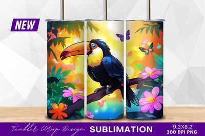 Cartoon toucan amidst jungle flowers and butterflies Sublimation Regulrcrative 