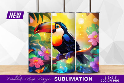 Cartoon toucan bird in tropical floral setting Sublimation Regulrcrative 