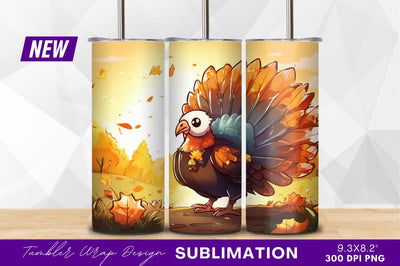 Cartoon turkey in autumn landscape tumbler png Sublimation Regulrcrative 