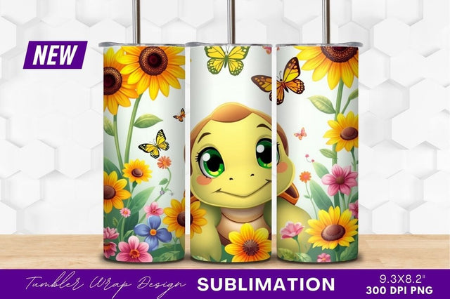 Cartoon turtle among sunflowers and butterflies tumbler png Sublimation Regulrcrative 