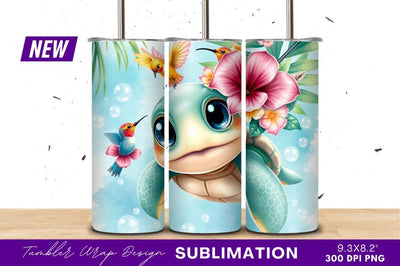 Cartoon Turtle With Flowers And Hummingbirds Tumbler Png Sublimation Regulrcrative 