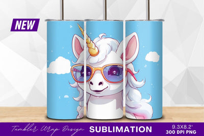 Cartoon unicorn wearing sunglasses on blue background Sublimation Regulrcrative 