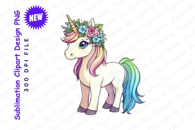 Cartoon Unicorn With Floral Crown Clipart Png Sublimation Regulrcrative 