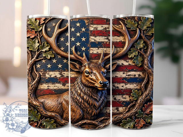 Carved Elk Americana 20oz Tumbler, Carved Elk Motif, Americana Design Style, Rustic Theme, Bold Accent, Heritage Charm, Sublimation Wrap, 20oz Tumbler Sublimation ToriDesigns 