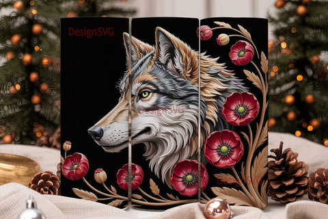 Carved Wolf & Flowers 20oz Tumbler Sublimation DesignSVG 