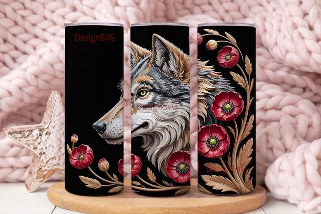 Carved Wolf & Flowers 20oz Tumbler Sublimation DesignSVG 