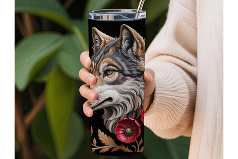 Carved Wolf & Flowers 20oz Tumbler Sublimation DesignSVG 