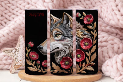 Carved Wolf & Flowers 20oz Tumbler Sublimation DesignSVG 