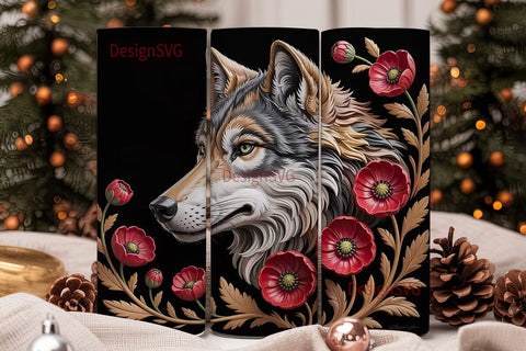 Carved Wolf & Flowers 20oz Tumbler Sublimation DesignSVG 