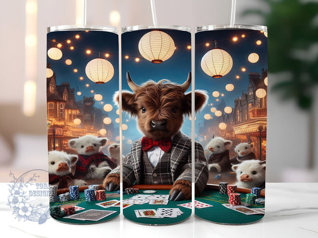 Casino Night Highland Cow 20oz Skinny Tumbler, Highland Cow Tumbler Png, Straight & Tapered Tumbler Wrap, Instant Digital Download Sublimation ToriDesigns 