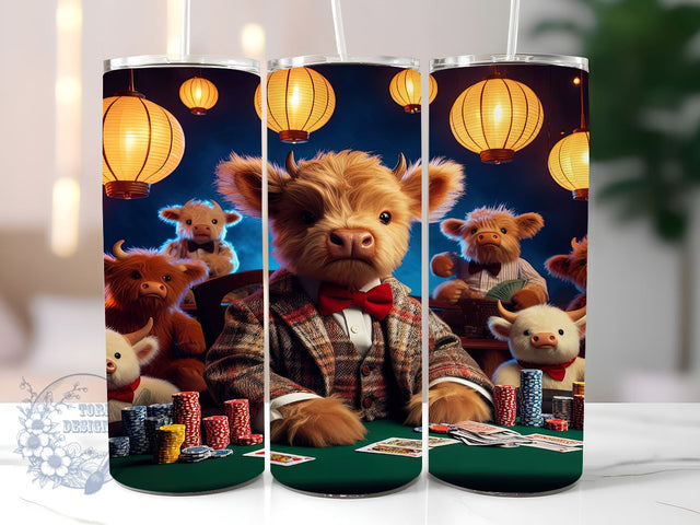Casino Night Highland Cow 20oz Skinny Tumbler, Highland Cow Tumbler Png, Straight & Tapered Tumbler Wrap, Instant Digital Download Sublimation ToriDesigns 