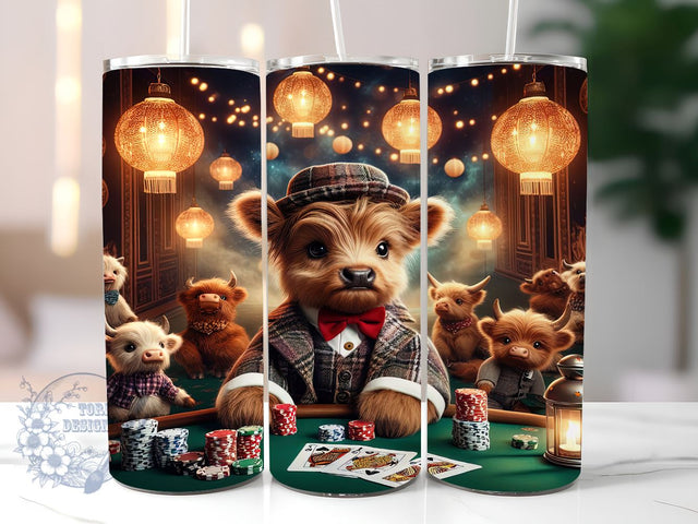 Casino Night Highland Cow 20oz Skinny Tumbler, Highland Cow Tumbler Png, Straight & Tapered Tumbler Wrap, Instant Digital Download Sublimation ToriDesigns 
