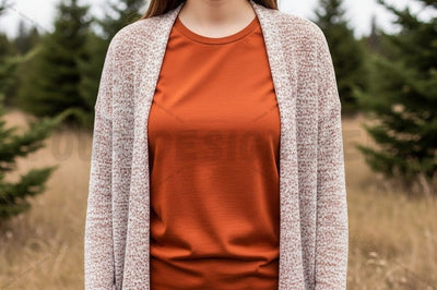 Casual autumn outfit - burnt orange t-shirt with beige cardigan Mock Up Photo Designangry 