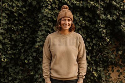 Casual beige sweatshirt with knitted beanie Mock Up Photo Designangry 