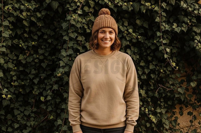 Casual beige sweatshirt with knitted beanie Mock Up Photo Designangry 