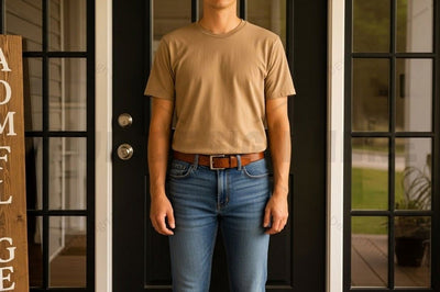 Casual beige t-shirt and blue jeans outfit Mock Up Photo Designangry 