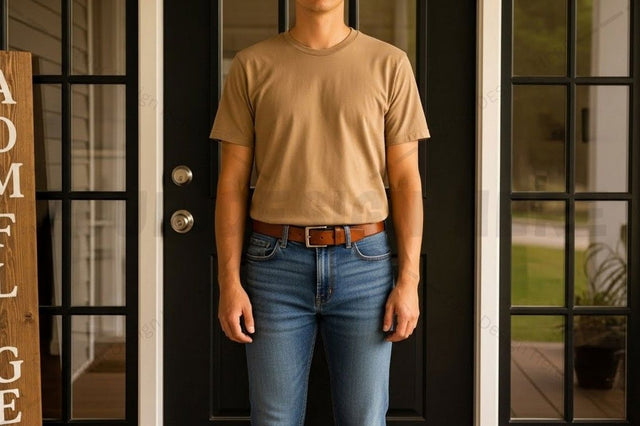 Casual beige t-shirt and blue jeans outfit Mock Up Photo Designangry 