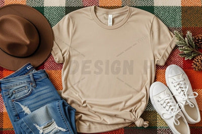 Casual beige t-shirt mockup with accessories Mock Up Photo Designangry 
