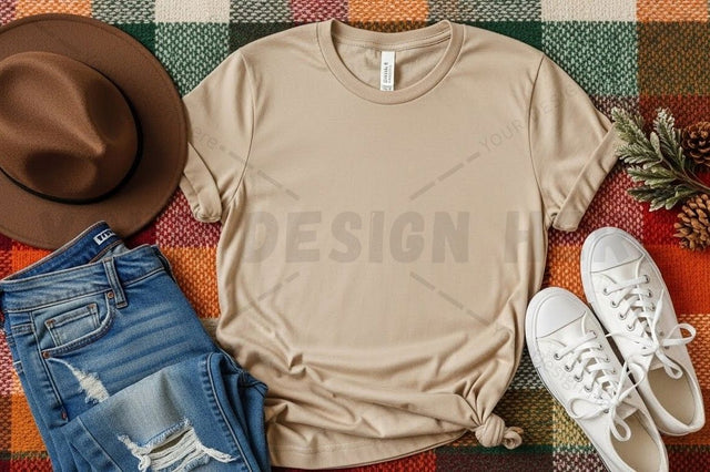Casual beige t-shirt mockup with accessories Mock Up Photo Designangry 