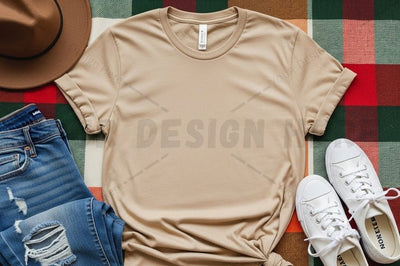 Casual beige t-shirt with accessories Mock Up Photo Designangry 