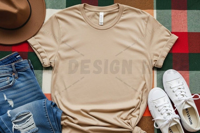 Casual beige t-shirt with accessories Mock Up Photo Designangry 