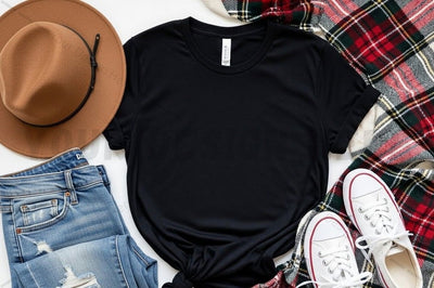 Casual black t-shirt mockup with accessories Mock Up Photo Designangry 