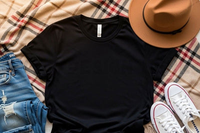 Casual black t-shirt mockup with accessories Mock Up Photo Designangry 