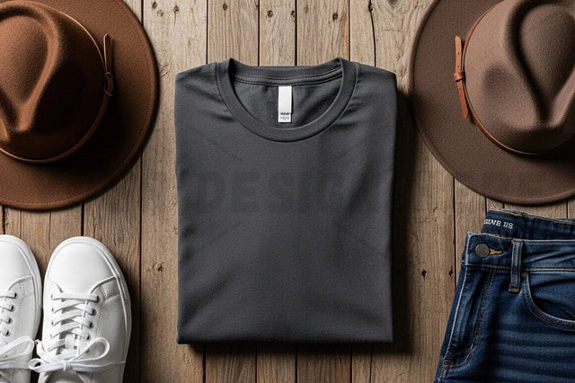 Casual black t-shirt mockup with accessories Mock Up Photo Regulrcrative 