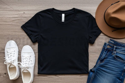 Casual black t-shirt mockup with accessories Mock Up Photo Regulrcrative 