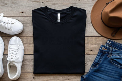 Casual black t-shirt mockup with accessories Mock Up Photo Regulrcrative 