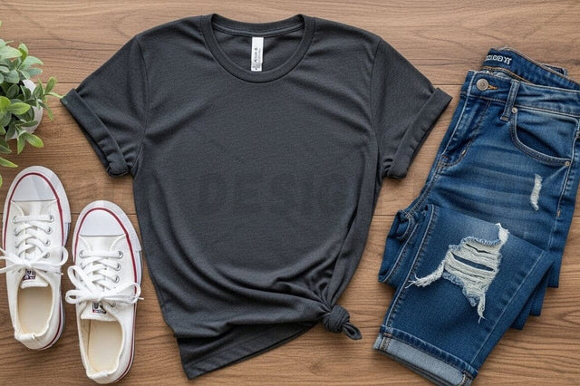 Casual black t-shirt mockup with jeans and sneakers Mock Up Photo Regulrcrative 