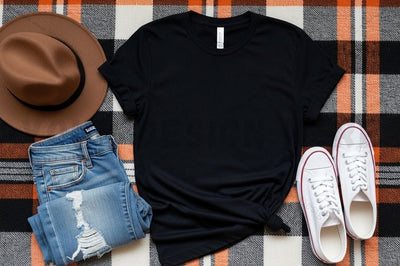 Casual black t-shirt with denim and accessories Mock Up Photo Designangry 