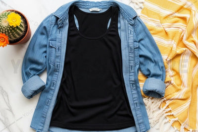 Casual black t-shirt with denim jacket Mock Up Photo Regulrcrative 
