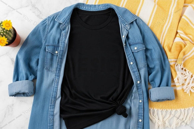Casual black t-shirt with denim shirt Mock Up Photo Regulrcrative 