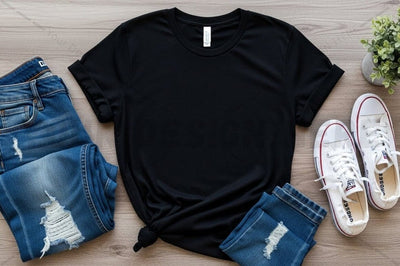 Casual black t-shirt with jeans and sneakers Mock Up Photo Regulrcrative 